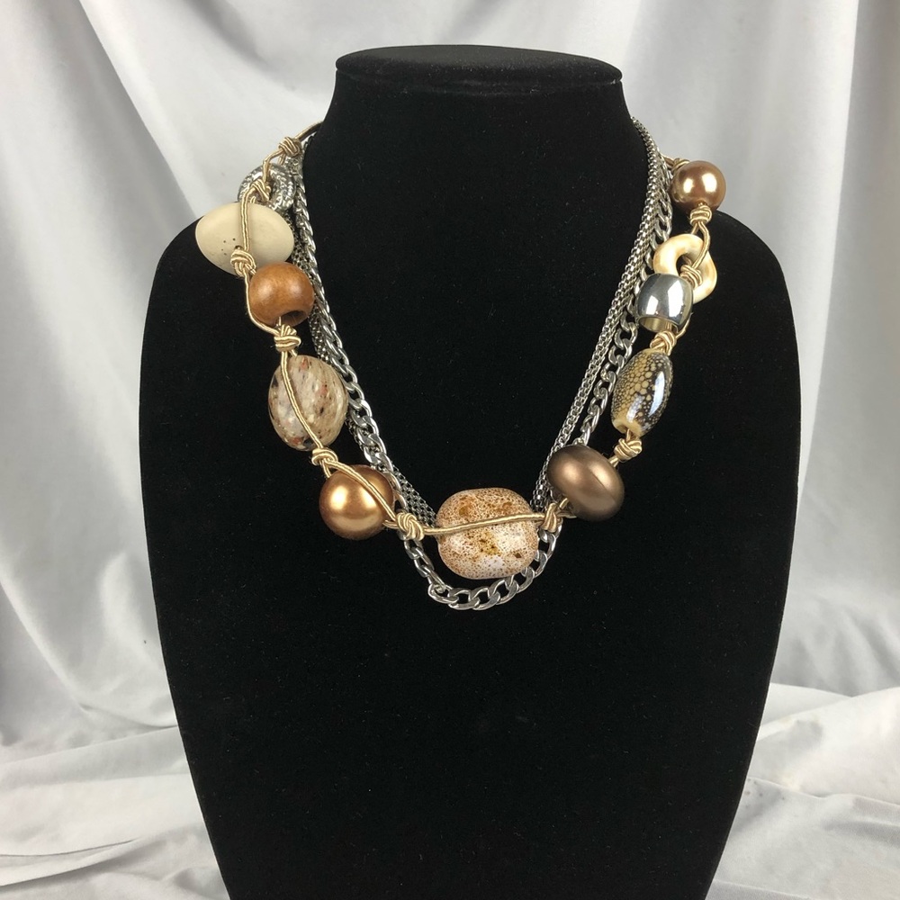 3 Strand Necklace 2 Silver Tone Chains & 1 Wrapped Mixed Stone & Beads